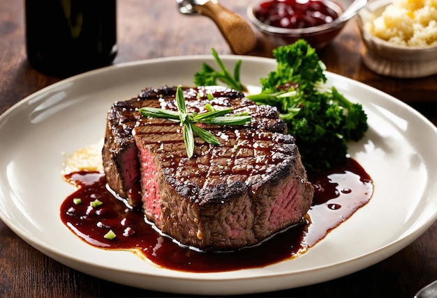 Beef steaks with asparagus and balsamic vinegar ai generative