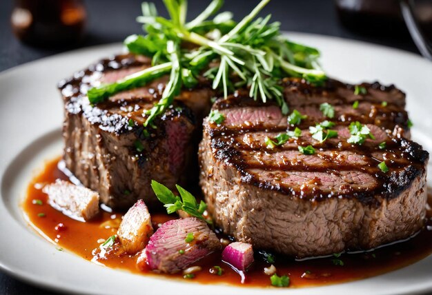 Beef steaks with asparagus and balsamic vinegar ai generative