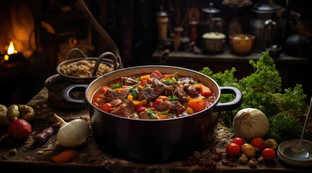 Beef stew in een slowcooker klaar om te serveren Generative AI