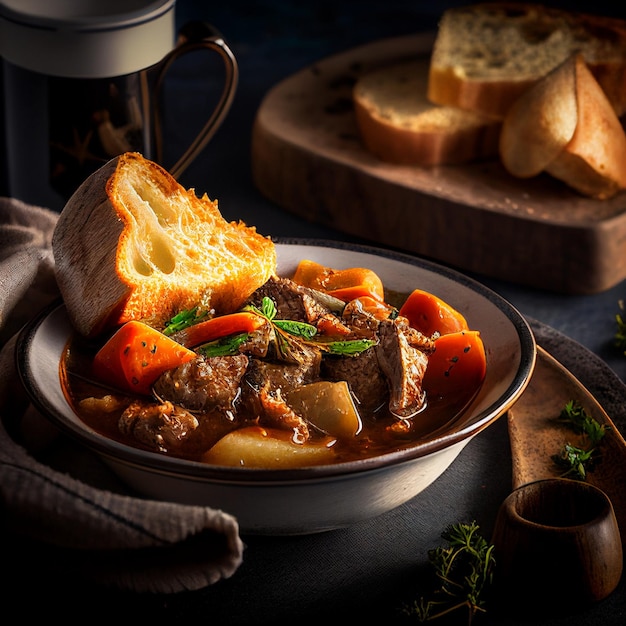 Beef stew portion in a big bowl on the rusty wooden table closeup view goulash dinner with bread tasty meat dish with carrots and potato in wine sauce