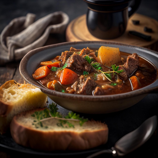 Beef stew portion in a big bowl on the rusty wooden table closeup view goulash dinner with bread