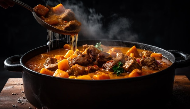Beef stew simmers in rustic cast iron generated by AI