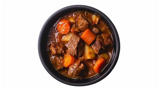 Photo beef stew with carrot and onion in black bowl isolated on white background