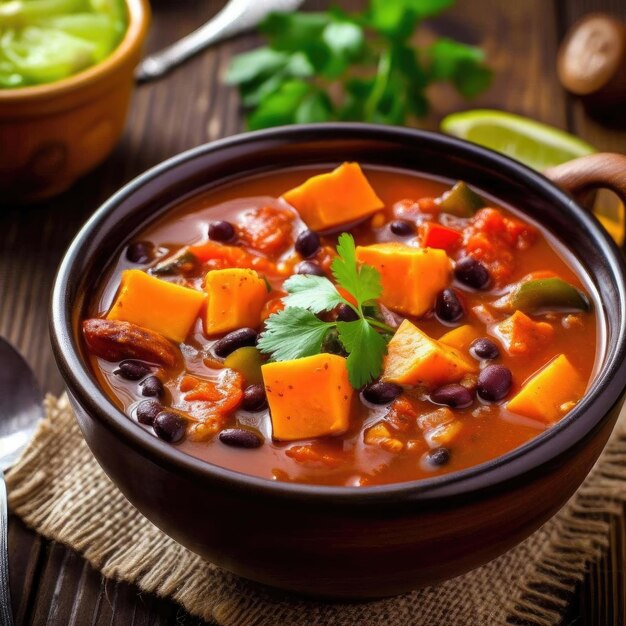 Beef stew with carrots and beans in a bowl