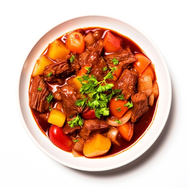 Beef stew with vegetables in a bowl top view with isolated white background