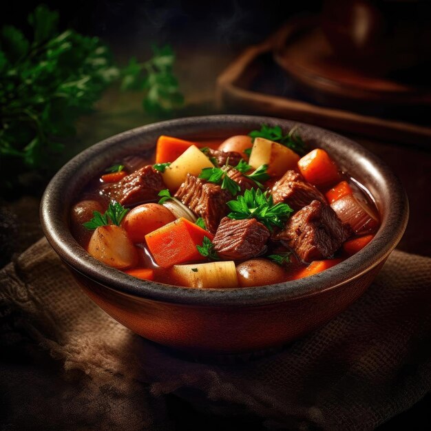 Beef stew with vegetables and herbs in a clay bowl selective focus