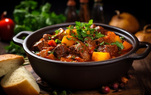 Photo beef stew with vegetables and herbs in a pot on a black background