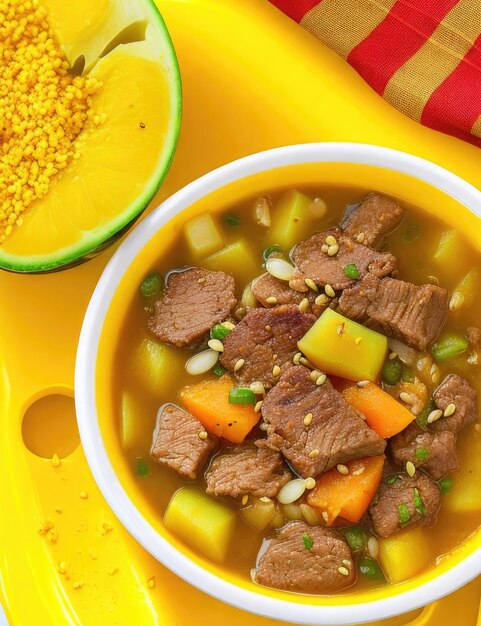 Beef stew with vegetables and sesame seeds in a yellow bowl