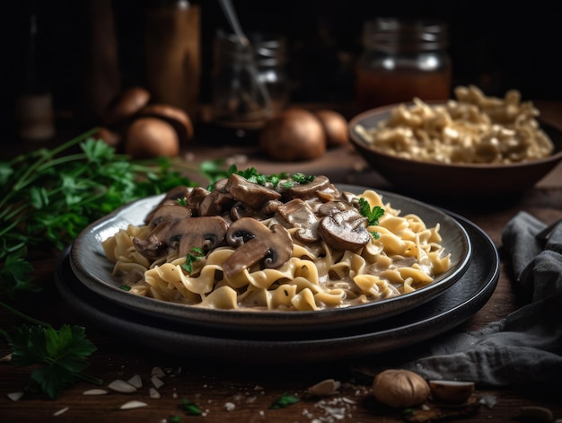 Beef Stroganoff in een rustieke keuken Voedselfotografie