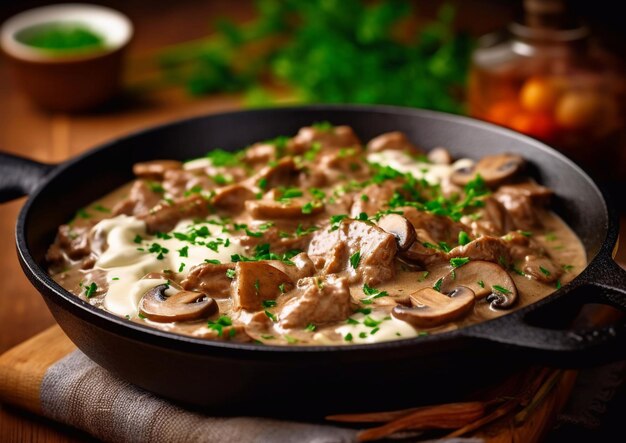 Beef stroganoff maaltijd met paddenstoelen en zure room saus in diepe panAI Generatieve