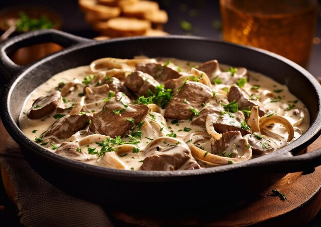 Beef stroganoff maaltijd met paddenstoelen en zure room saus in diepe panAI Generatieve