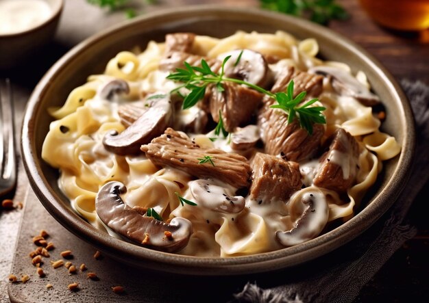 Beef stroganoff maaltijd met pasta met saus op de restauranttafelAI Generatief