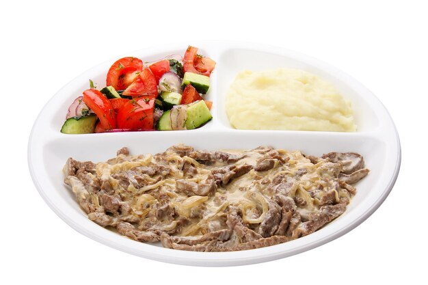 Beef Stroganoff met aardappelpuree en groenten Maaltijden voor kinderen