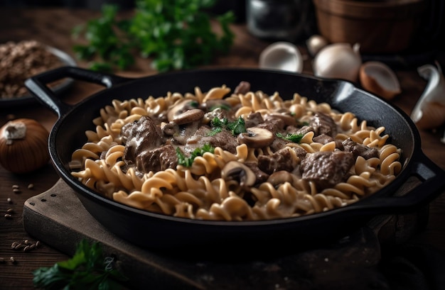 Beef Stroganoff in a rustic kitchen Food photography
