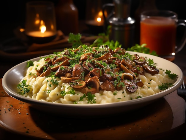 Beef Stroganoff in white plate