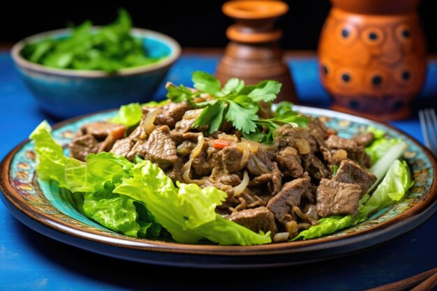 Photo beef stroganoff with a lettuce salad on a turquoise plate