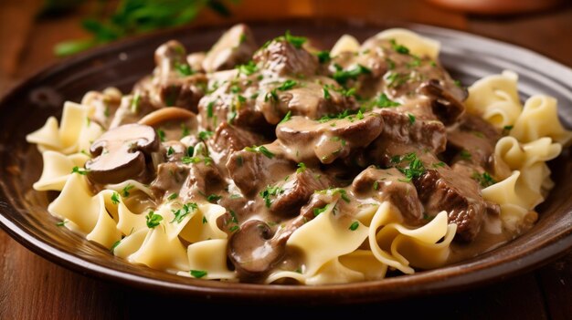 Photo beef stroganoff with pasta russian cuisine