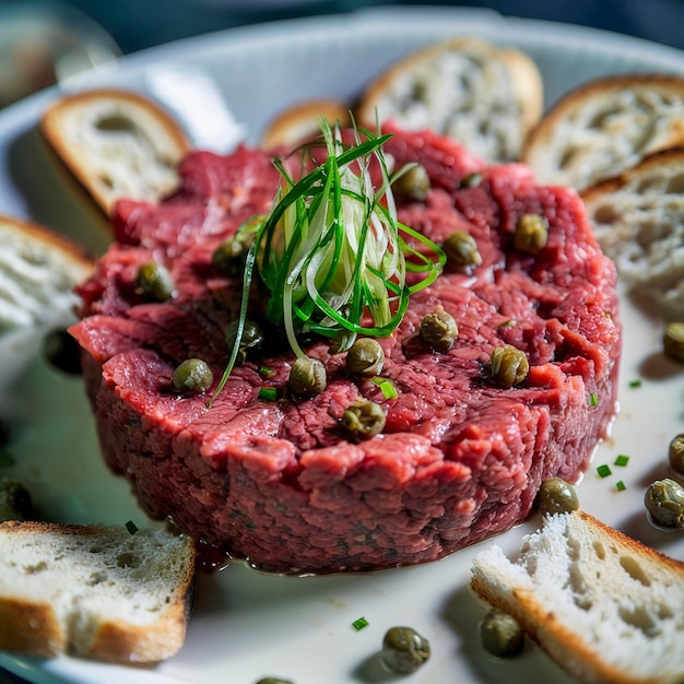 Photo beef tartare with capers and onion