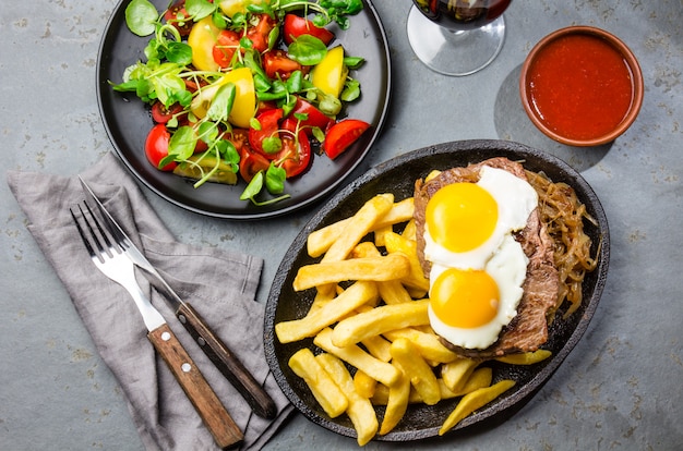 Beef tenderloin with french fries and eggs