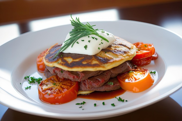 Beef and tomato pancakes on a white dish