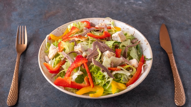 Beef tongue, chicken fillet and fresh vegetable on a plate