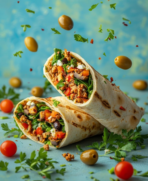 Photo beef and vegetable wrap with flying ingredients