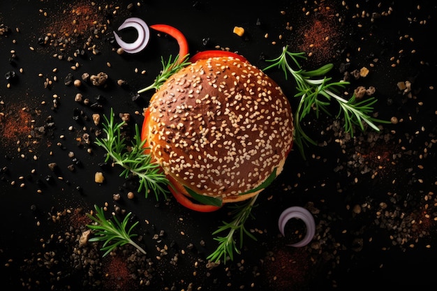 Beef and veggie burgers Flat lay with sesame seeds on black background