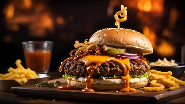 A beefburger with a crunchy onion ring melted cheddar cheese and smoky barbecue sauce