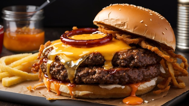 A beefburger with a crunchy onion ring melted cheddar cheese and smoky barbecue sauce