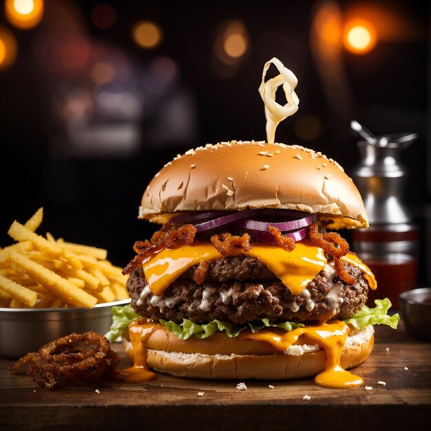 A beefburger with a crunchy onion ring melted cheddar cheese and smoky barbecue sauce