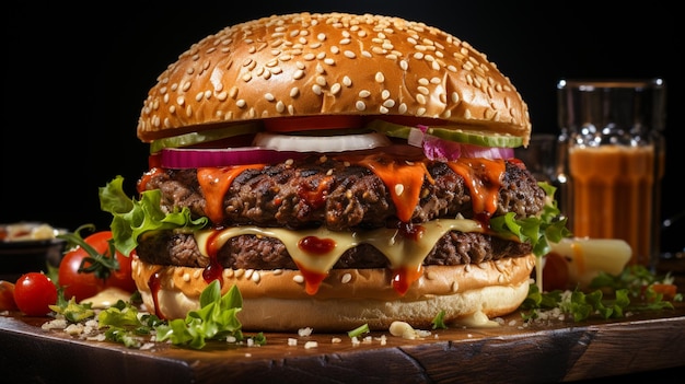 Beefburgers op een houten bord Vers smakelijke burger op een donkere achtergrond
