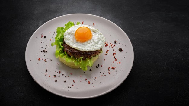 Beefsteak with egg and mashed potatoes on a dark background