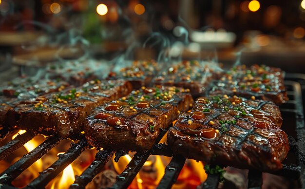 Beefsteaks op de grill met vlammen.