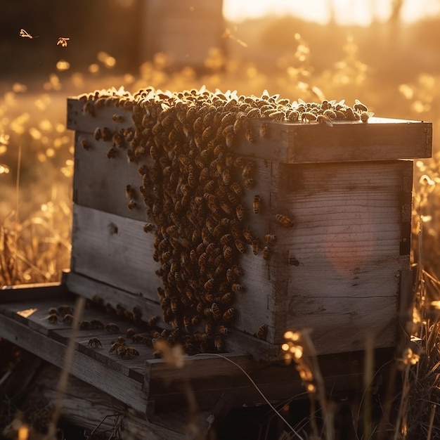 A beehive in a field of golden grass