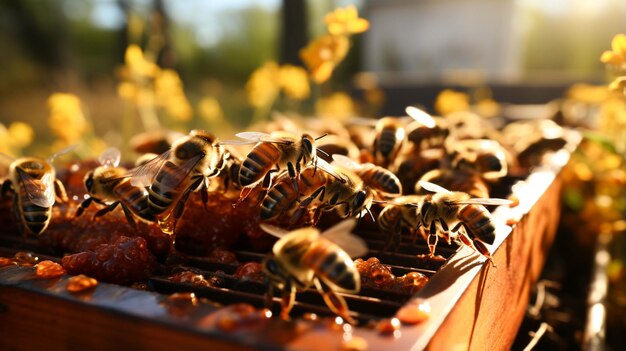 Beehives and bees at the apiary close up