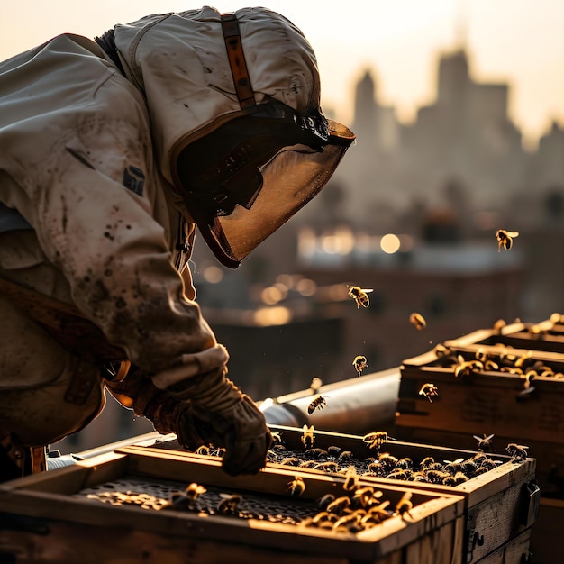 a beekeeper in a beehive with a city in the background