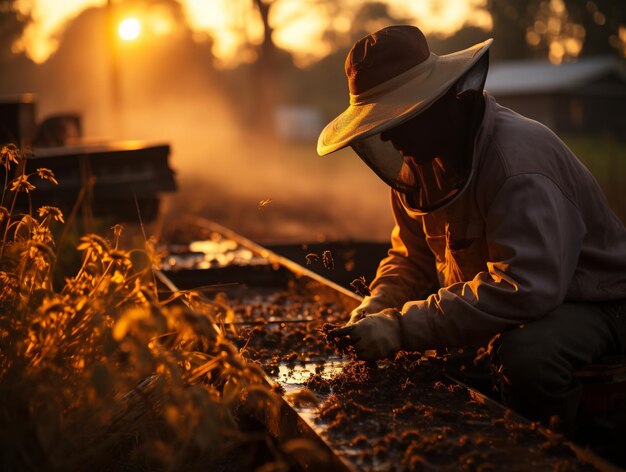 Beekeeper checking his beehives