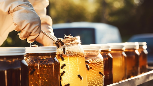 ミツバチ飼い主が蜂巣から蜂蜜を収集するAI 生成AI