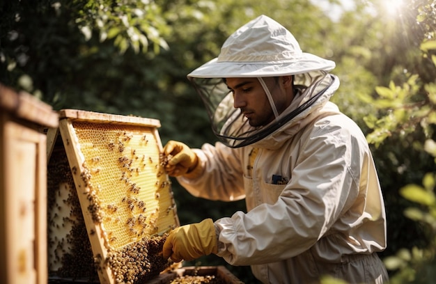 Photo beekeeper collecting the panels with the honey