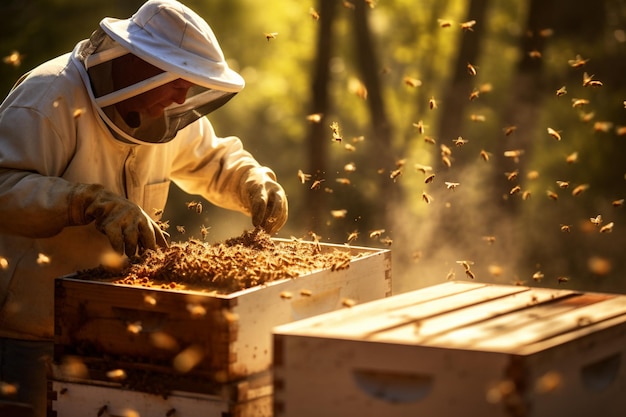 A beekeeper collects beehives from a bee box with Generative AI
