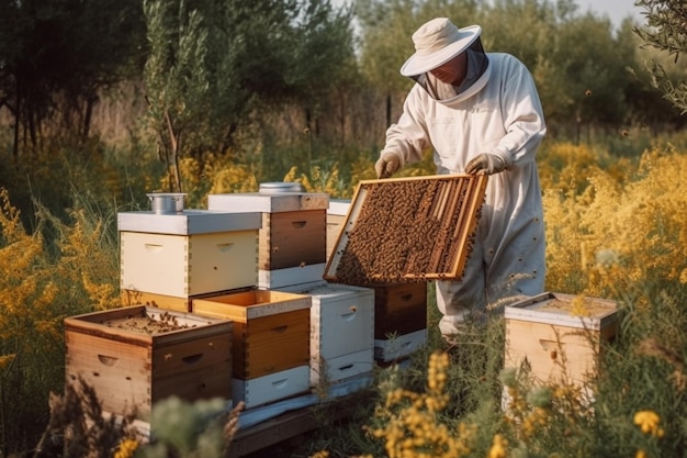 A beekeeper in a field with bees on their arms.