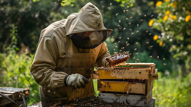 Beekeeper harvesting honey from a beehive The beekeeper is wearing protective gear and is using a smoker to calm the bees