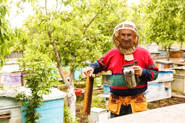 Beekeeper holding a frame of honeycomb