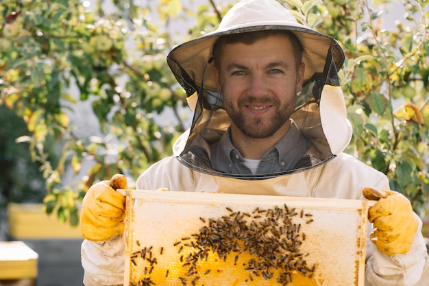 The beekeeper holds a honey cell with bees in his hands Apiculture Apiary Working bees on honey comb Honeycomb with honey and bees closeup