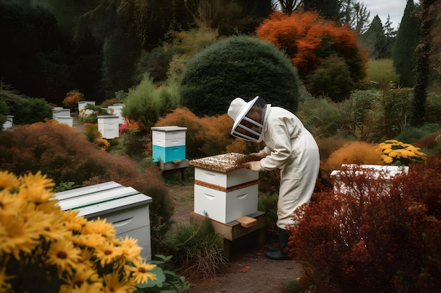 양봉가는 양봉장에서 벌과 벌통과 함께 작업하고 있습니다. 꿀벌은 벌집에 있습니다. 신경망 AI 생성