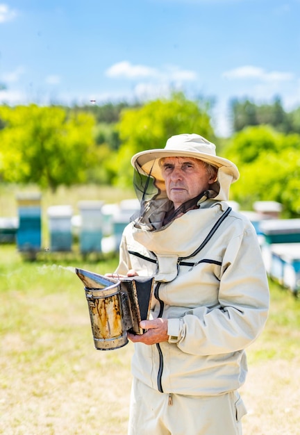 A Beekeeper Observing His Busy Hives A man standing in front of a bunch of beehives