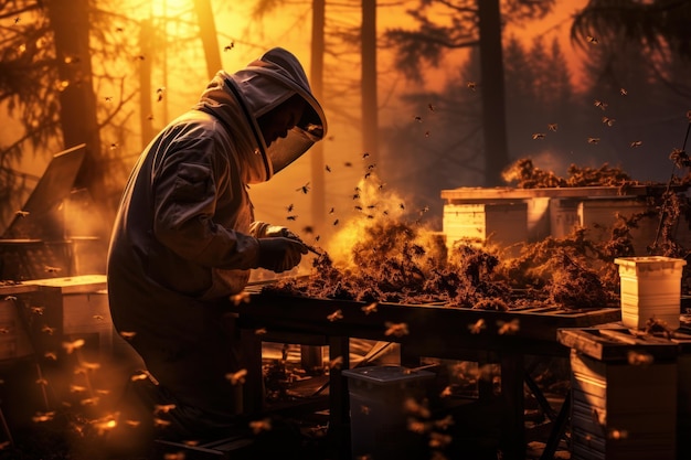 beekeeper preparing bee hives in the forest