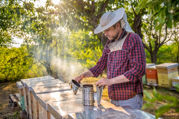 Beekeeper preparing smoke pot