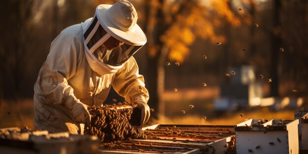 A beekeeper in a protective suit collects honey Bee eco farm natural honey Generative AI