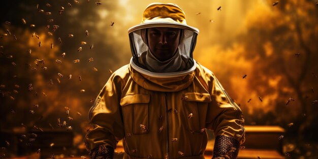 A beekeeper in a protective suit collects honey Bee eco farm natural honey Generative AI